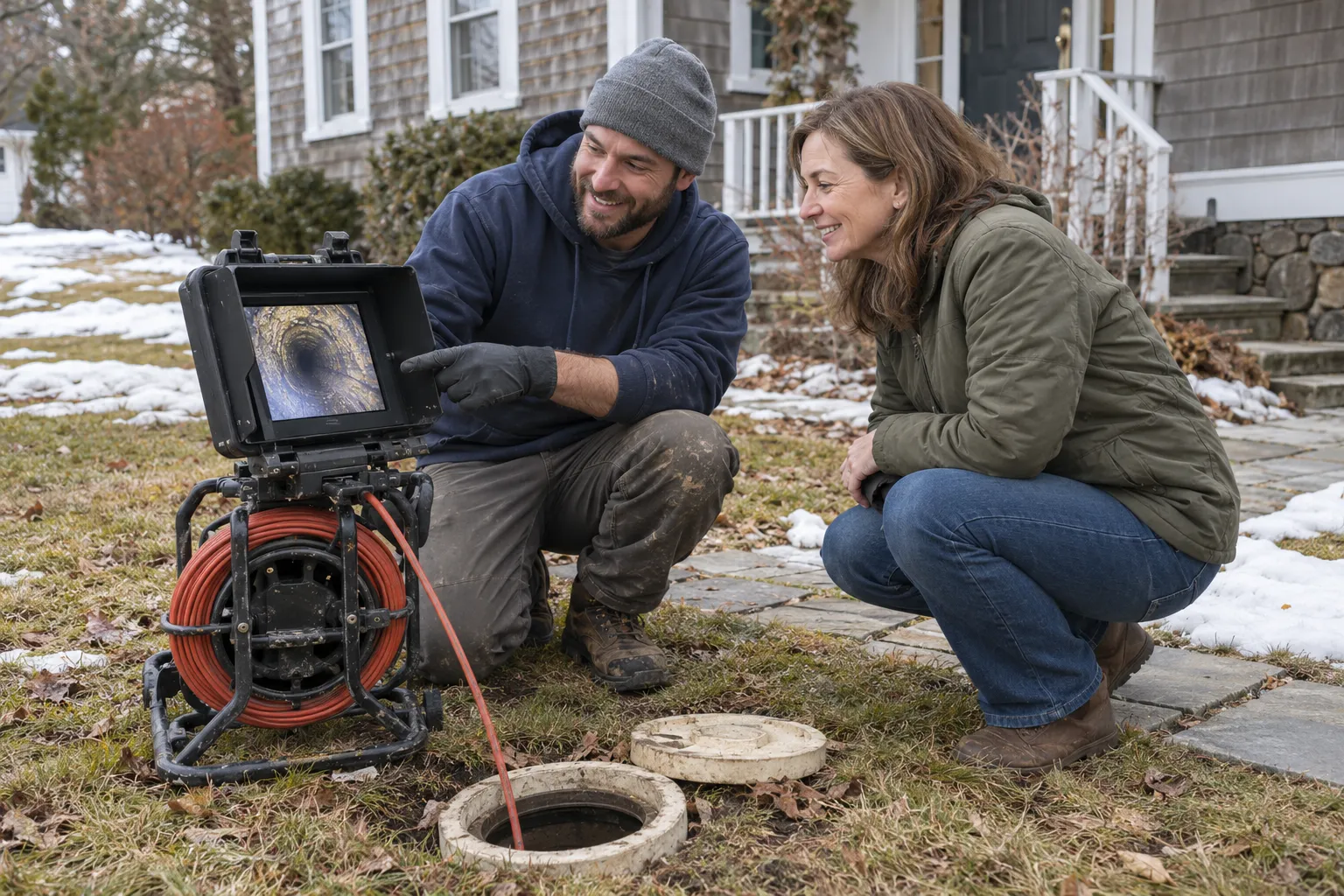 A friendly local provider reviewing a sewer camera inspection with a homeowner near Taunton